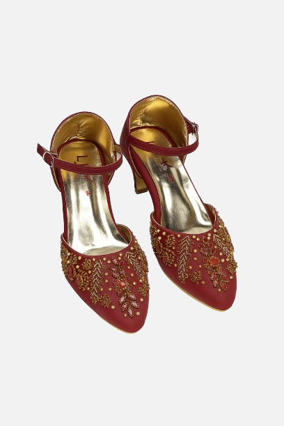 Red Block Heel Pumps with Gold Embellishments & Ankle Strap for Women