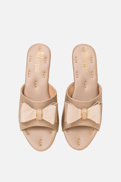 Chic Nude Bow Embellished Wedge Slides - Comfortable & Stylish Footwear
