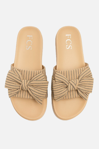 Imported Beige Striped Bow High Dole Slides