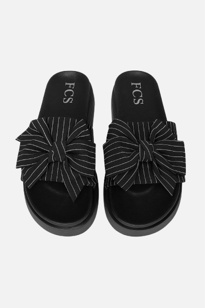 Imported Black Pinstripe Bow Slides - Comfy & Cute High Sole