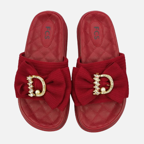 Imported Luxury Red Quilted Bow Slippers for Women