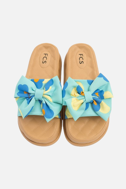 Imported Tan Quilted Platform Slides - Bright Floral Bow Accent
