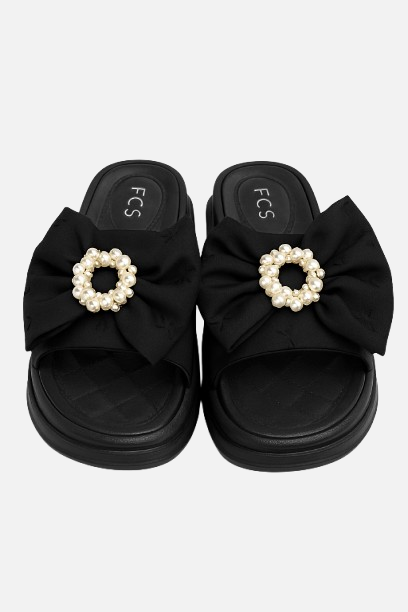 Imported Trendy Black Pearl Bow Slides - Comfy Platform Design