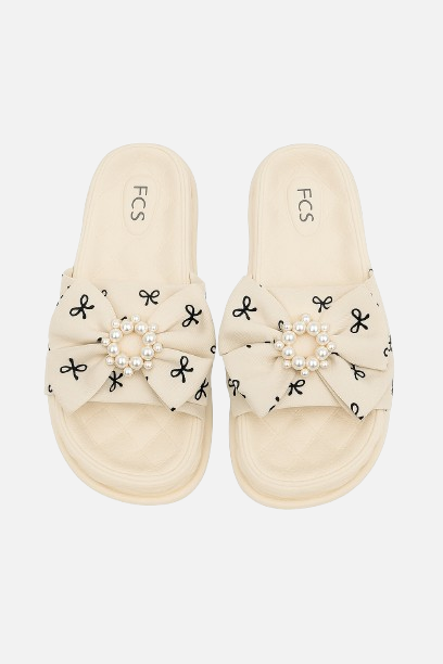 Imported Cute Off-White Bow Slides - Pearl Detail & Comfy Platform
