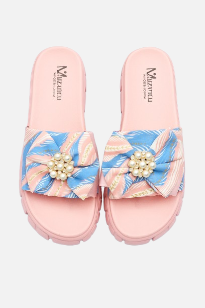 Imported Sweet Pink Pearl Bow Platform Slides - Trendy & Comfy