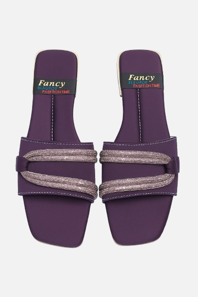 Regal Purple Embellished Slides - Golden Heel Glamour