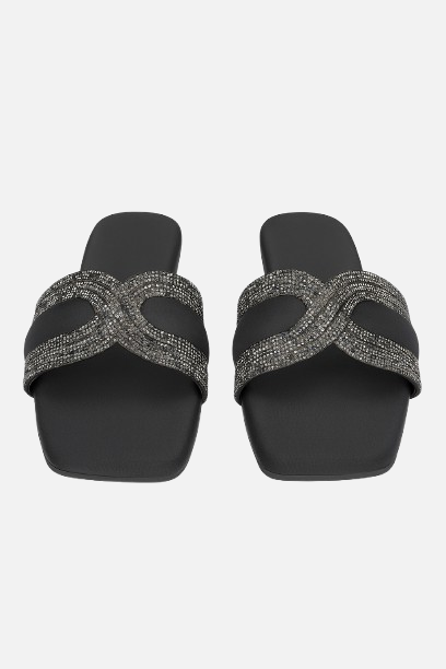 Black Embellished Criss-Cross Slides