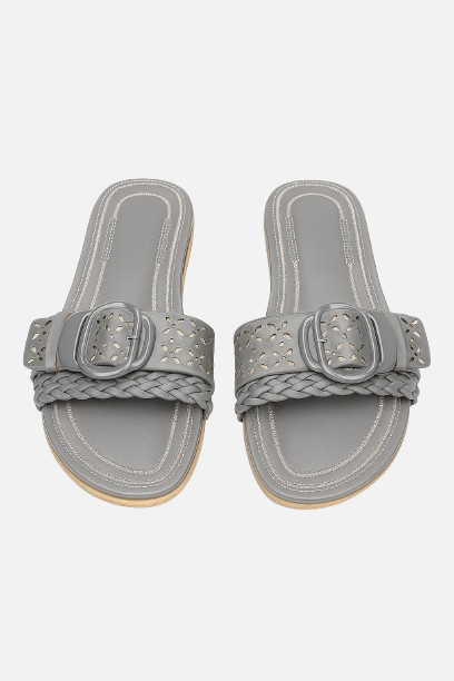 Grey Buckle Strap Laser Cut Flat Slides - Extra Soft & Medicated