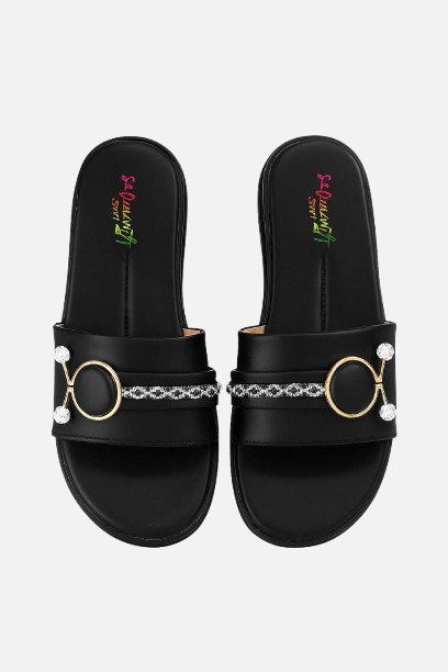 Black Statement Detail Slides - Stylish & Easy Wear