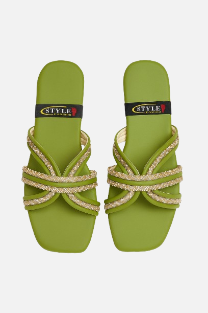 Green Flat Slippers with Sparkly Straps
