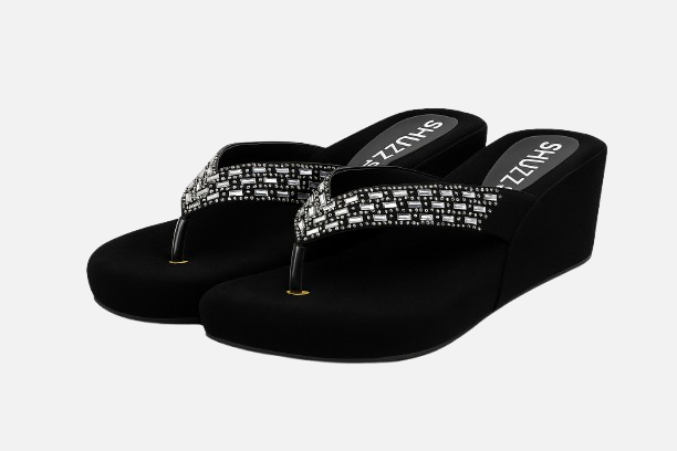 Dazzling Black Rhinestone Wedge Sole