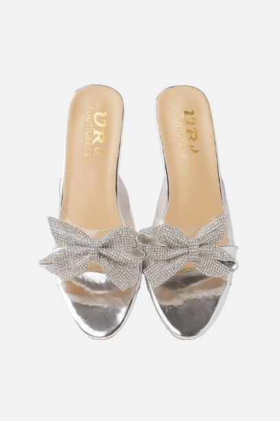 Sparkling Silver & Clear Rhinestone Bow Block Heels