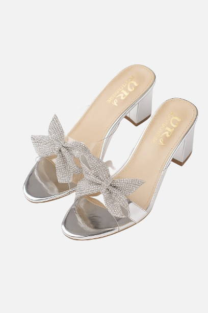 Sparkling Silver & Clear Rhinestone Bow Block Heels