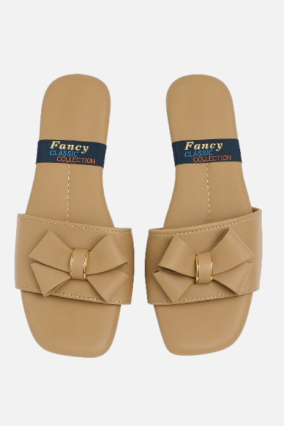 Playful Beige Knot Bow Slides