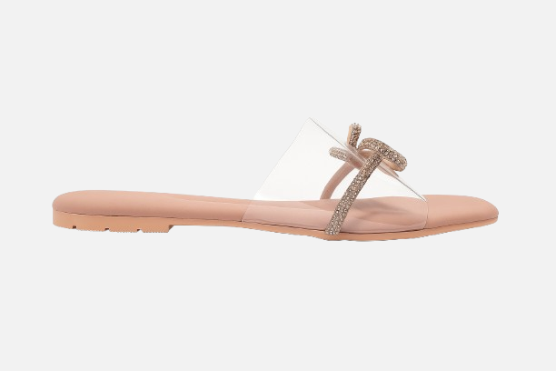 See-Through Chic Flat Slides with Gold Sparkle Bow