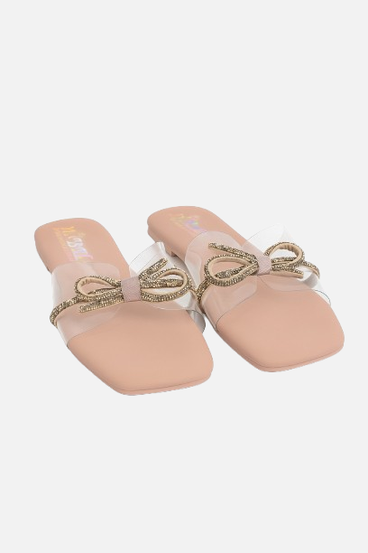 See-Through Chic Flat Slides with Gold Sparkle Bow