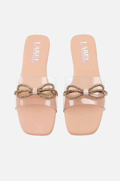 See-Through Chic Flat Slides with Gold Sparkle Bow