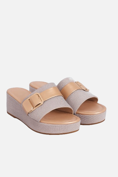 Glamorous Gold Buckle Wedge Slides