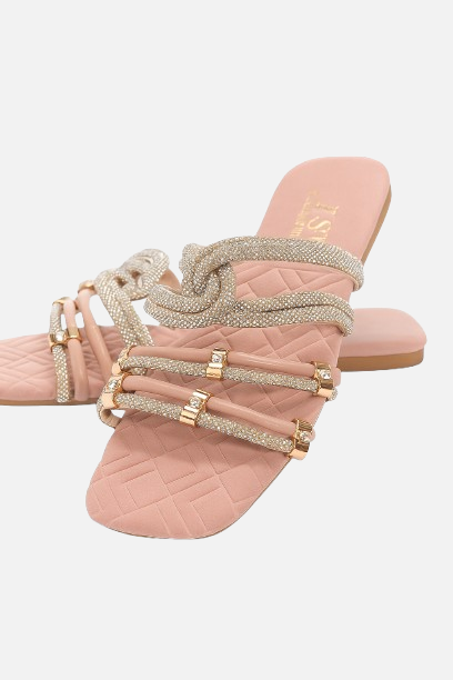 Glamorous Peach Rhinestone Knot Flats