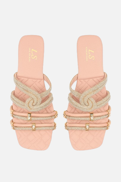 Glamorous Peach Rhinestone Knot Flats