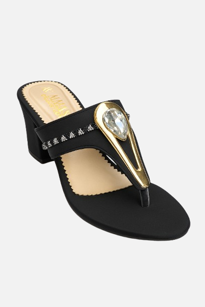 Black Embellished Block Heel
