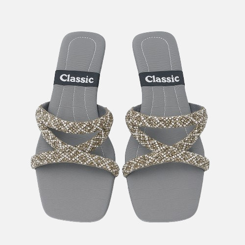 Chic Grey Glitter Strap Block Heel