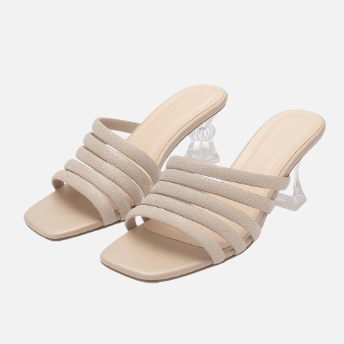 Beige Padded Strap Heels with Clear Sculptural Heel