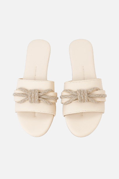 Comfortable & Stylish Cream Wedge Slides with Sparkle Knot