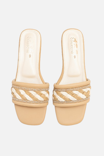 Women's Beige Braided Design Block Heel Slides