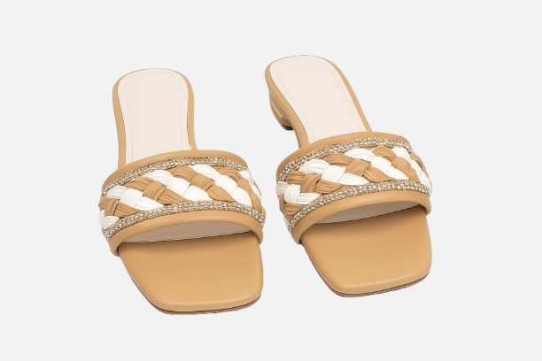 Women's Beige Braided Design Block Heel Slides
