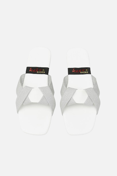 Stylish White & Silver Cross Strap Flat Slides for Women