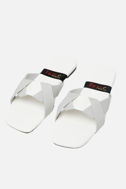 Stylish White & Silver Cross Strap Flat Slides for Women