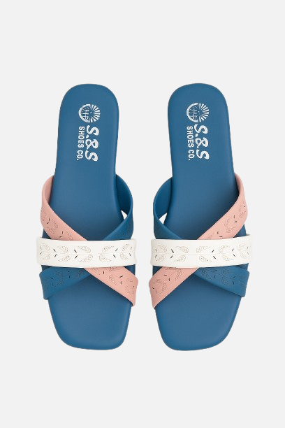 Stylish Blue & Pink Patterned Criss-Cross Flat Slides