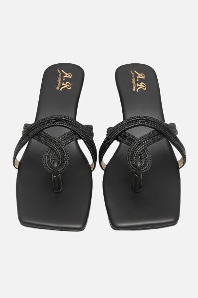 Chic Black Embellished Flat Thong Slides