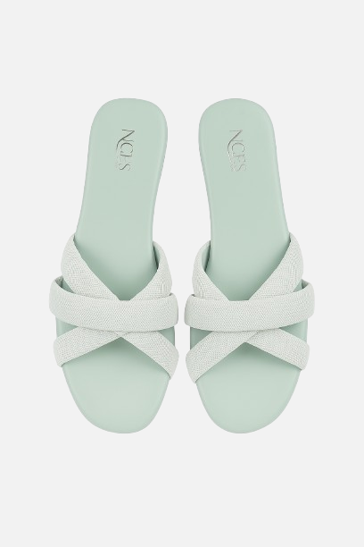 Women's Mint Green Flat Slides with Woven Cross Straps