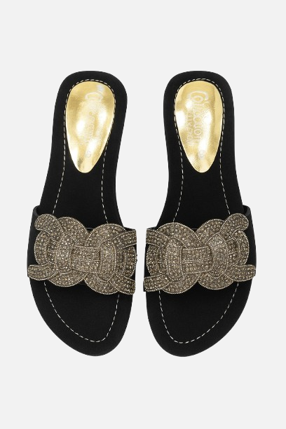 Sparkling Weave Black Flat Slides