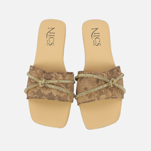 Brown Floral Flats with Gold Embellishment & Knot Detail