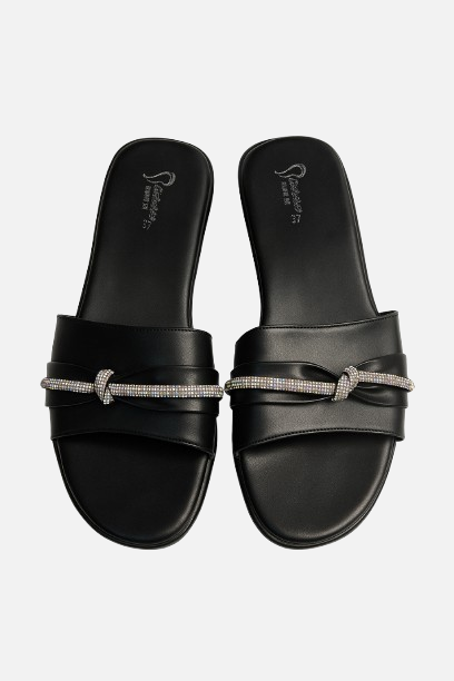 Women's Black Flat Slides with Rhinestone Knot