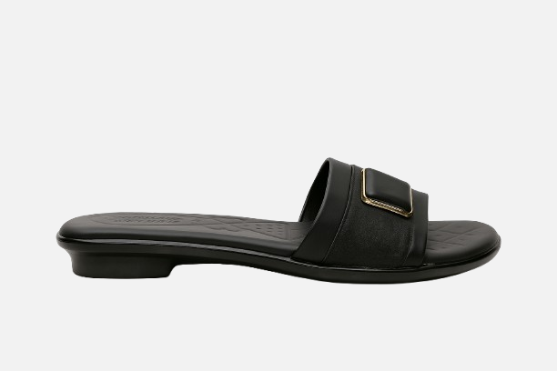 Black Slip-On Flat Slides with Gold Buckle - Textured Comfort Footwear