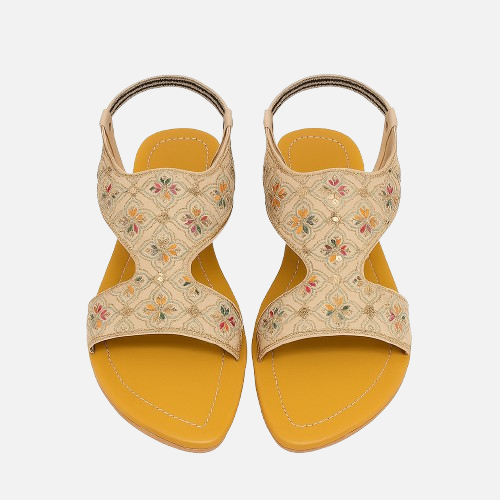 Embroidered Beige Sling Back Sandals