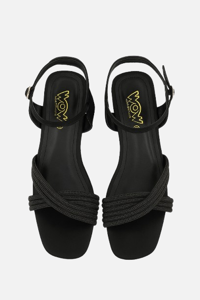 Modern Black Woven Strap Block Heel Sandals