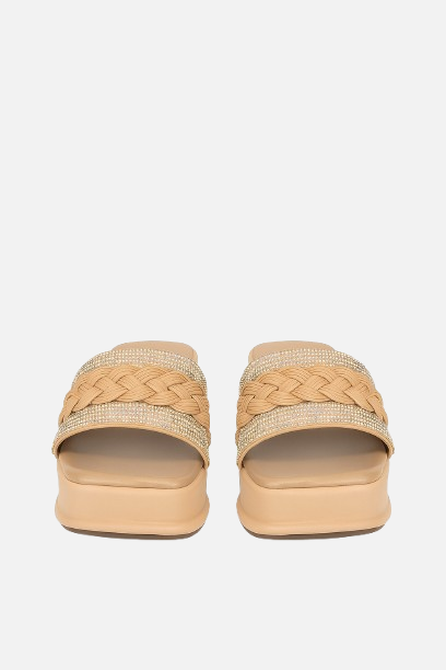 Trendy Beige High Sole Platform Slides with Braided & Crystal Straps