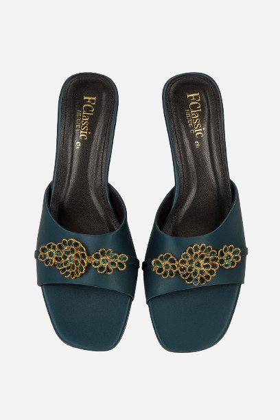 Luxe Teal & Gold Embellished Block Heel Mules