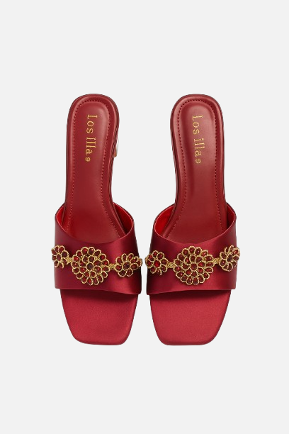 Rich Maroon Block Heel Mules with Gold & Ruby Embellishment