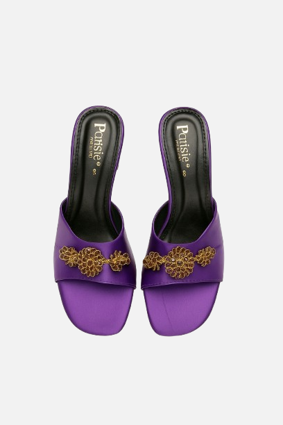 Dazzling Purple Block Heel Mules with Gold & Maroon Embellishment