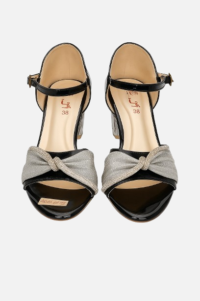Glamorous Knotted Bow Block Heels - Black & Silver