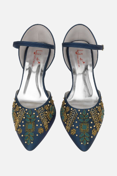 Luxury Navy Embroidered Heels with Clear Block Heel