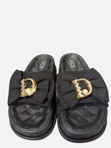 Imported Glam Black Quilted Platform Bow Slides
