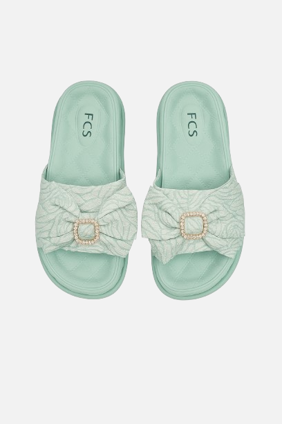 Imported Mint Green Quilted Platform Slides - Bow & Buckle Detail