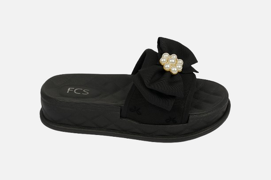Imported Trendy Black Pearl Bow Slides - Comfy Platform Design